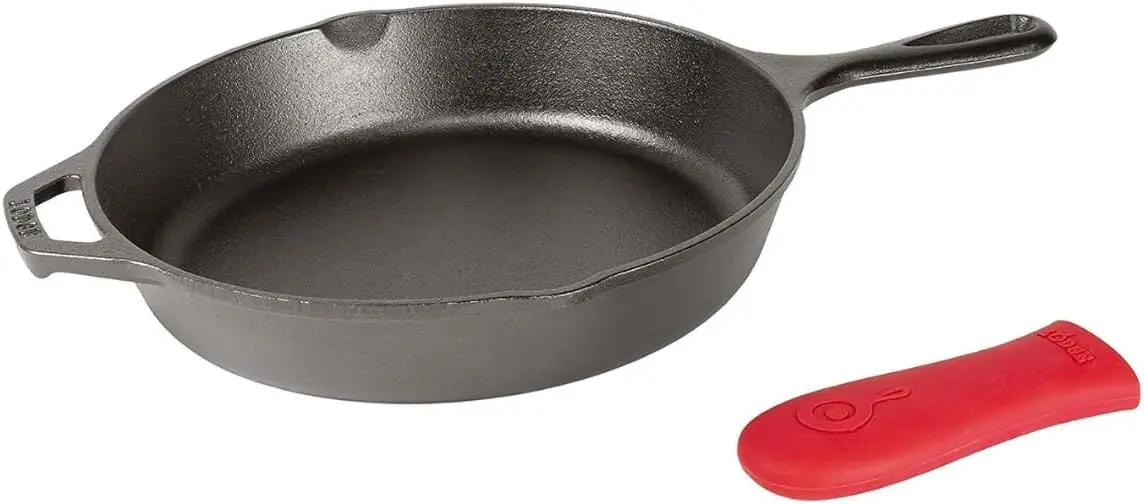

12 Inch Pre-Seasoned Cast Iron Skillet with Red Silicone Handle Holder - Versatile for Stove, Oven, Grill & Campfire