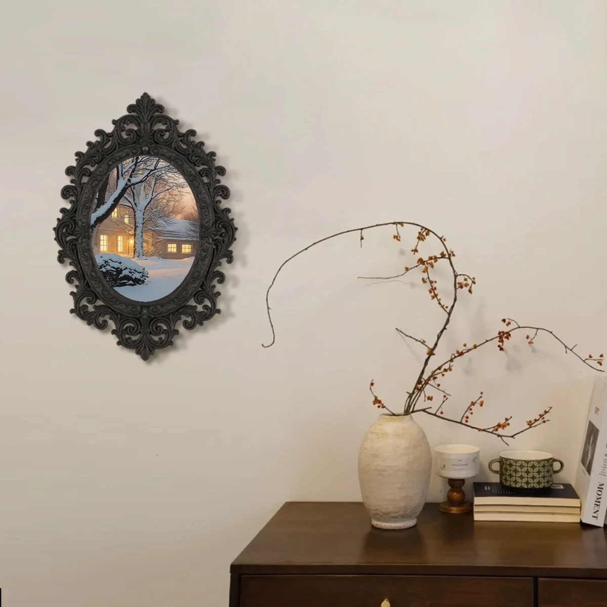 Cross - border vintage carved frame, designed with an exquisite black carved border, matched with the scene of a warm house on a