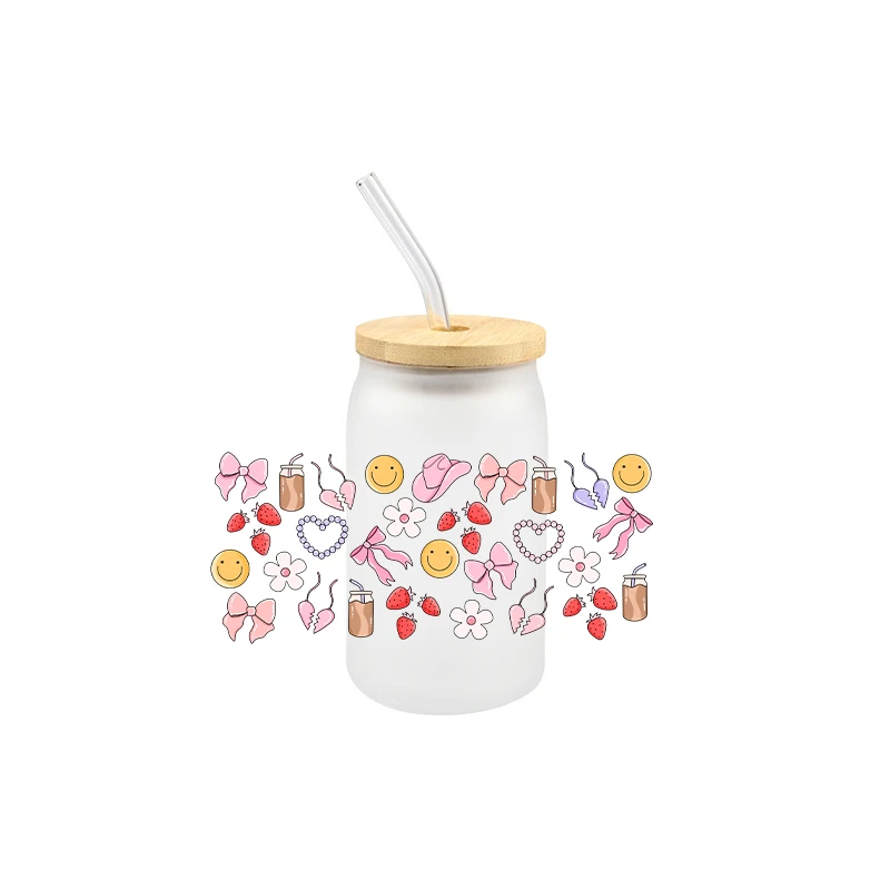 Cartoon 16OZ UV DTF Cup Wraps Cup Patter Smile Transfer Sticker For Glass Libbey Can Bottle Selfadhesive Washable DIY Custom