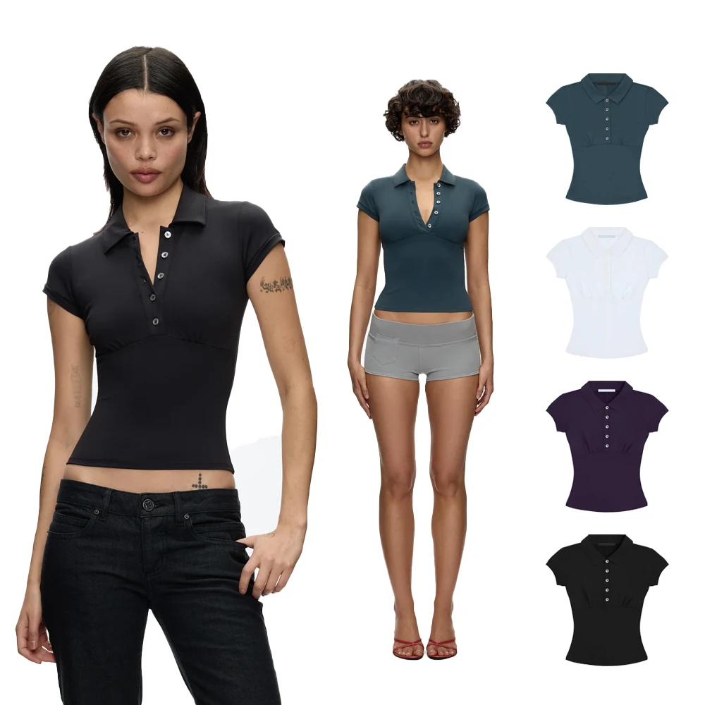 Tank Polo Collar Short-Sleeve T-Shirt, Slim-Fit Waist-Cinching Style, Slimming Hot Girl Style Crop Top, High-Elastic Slim-Fit Waist-Cinching Polo Shirt, Hot Girl Style for Layering or Wearing Alone