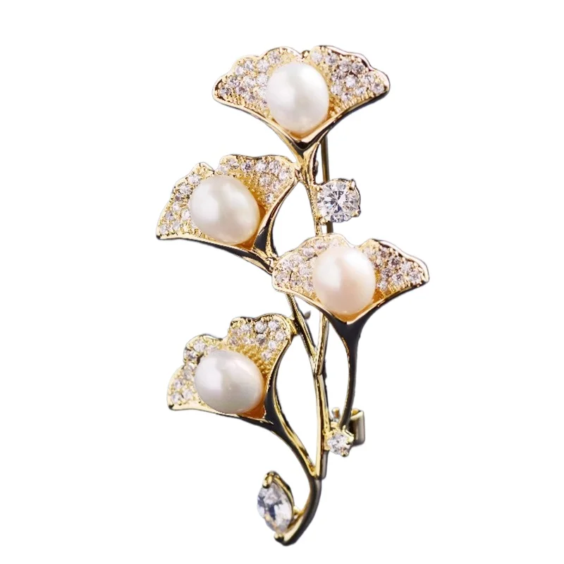 

Брошь с пресноводным жемчугом гинкго билоба, темперамент, модная одежда, одежда, креативные аксессуары для корсажа с растениями