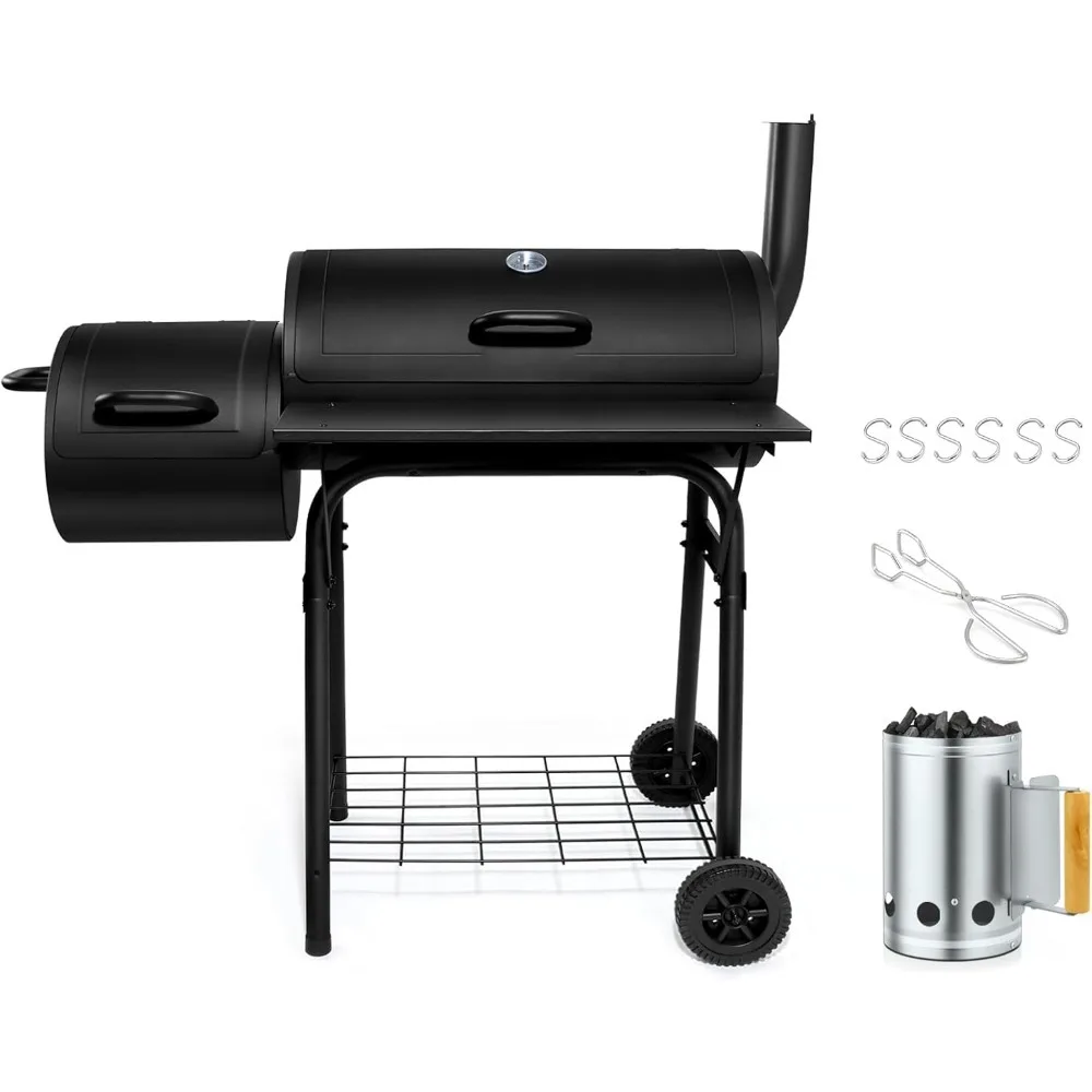 

Joyfair 14” Charcoal Grill with Chimney Starter Set, 11Pcs Outdoor BBQ Grill Kit, Black Barrel Smoker with Thermometer