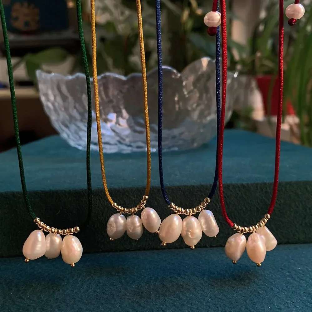 Collar de perlas de agua dulce naturales reales para mujeres y niñas, cadena de cuerda colorida, Perla Barroca Irregular, encanto, Gargantilla, Collar de joyería