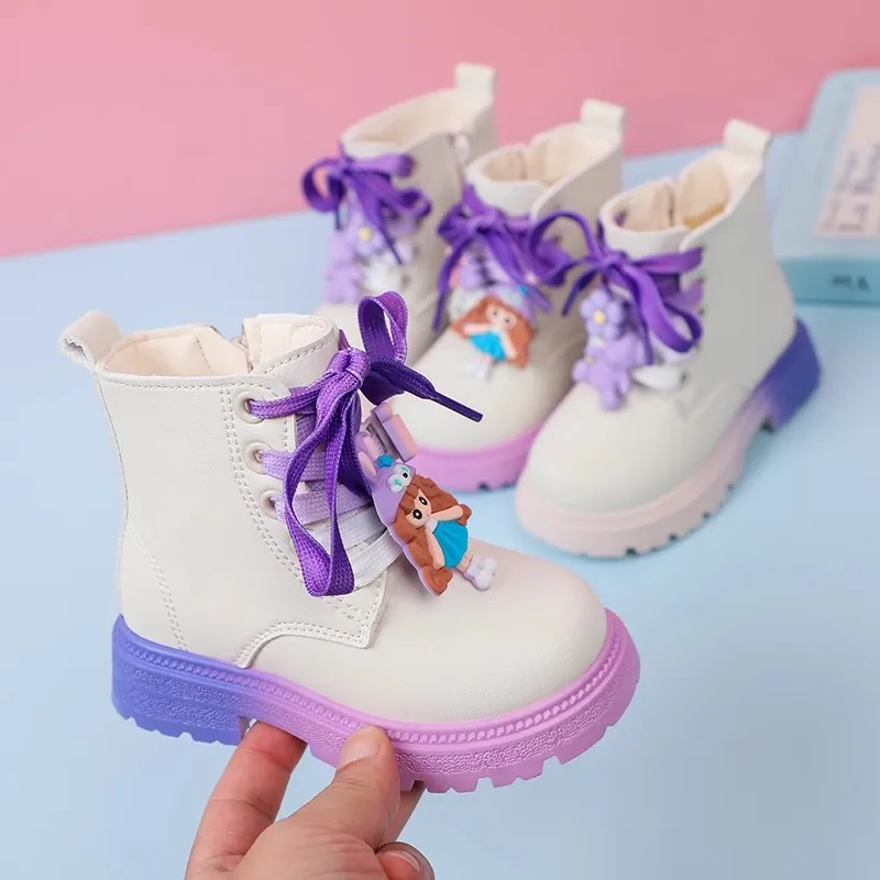 Kids Girls Leather Boots 2024 New Autumn Children Anti-slip Waterproof Fashion Boots Korea Style Rainbow Ankle Boots for Girls