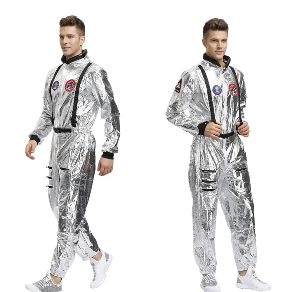 Homem prata astronauta piloto cosplay traje masquerade alienígena spaceman fantasia macacão masculino vestuário