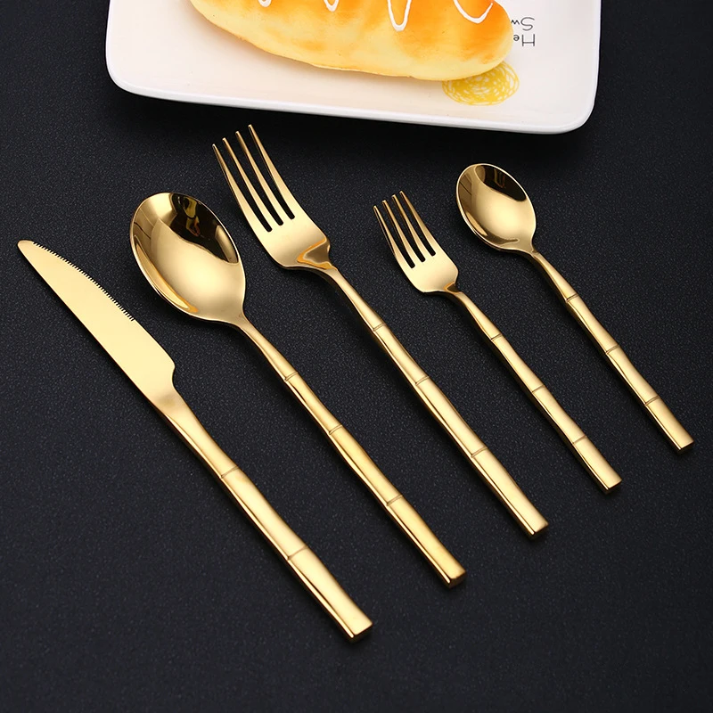 Stainless Steel Tableware Set Bamboo Festival Design Cutlery Knife Fork Spoon Flatware Set High Quality Golden Dinnerware Set