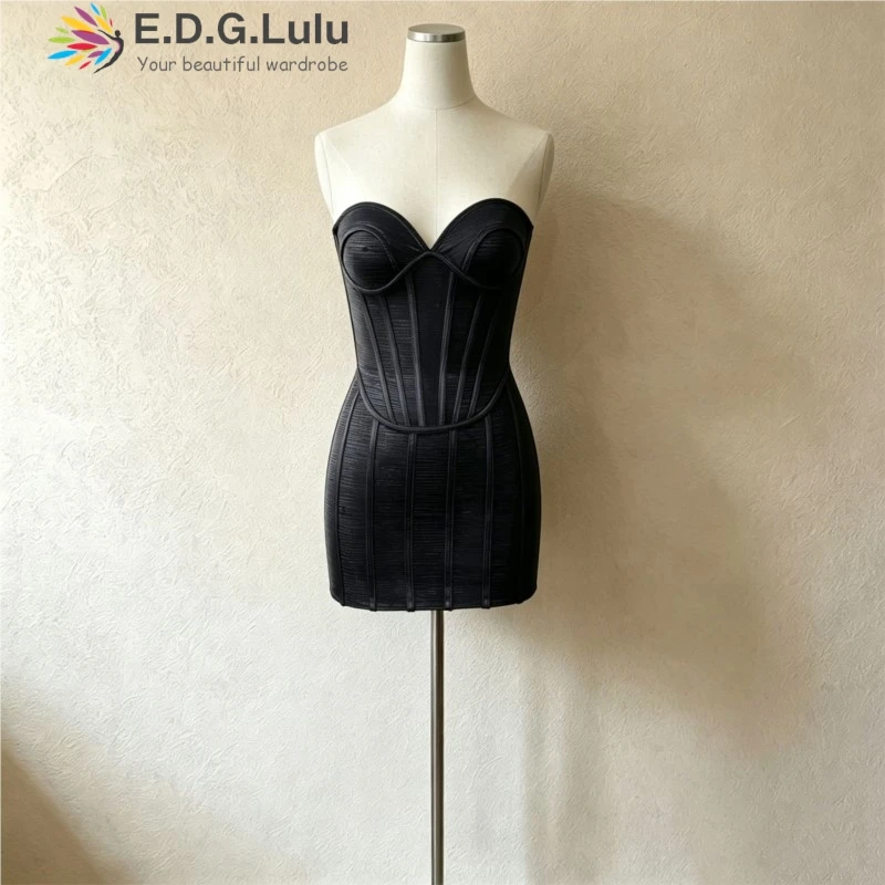 EDGLuLu Two Piece Outfits Woman Sexy Strapless Short Top+High Waist Mini Skirt Black Suit Summer New 2026 0707