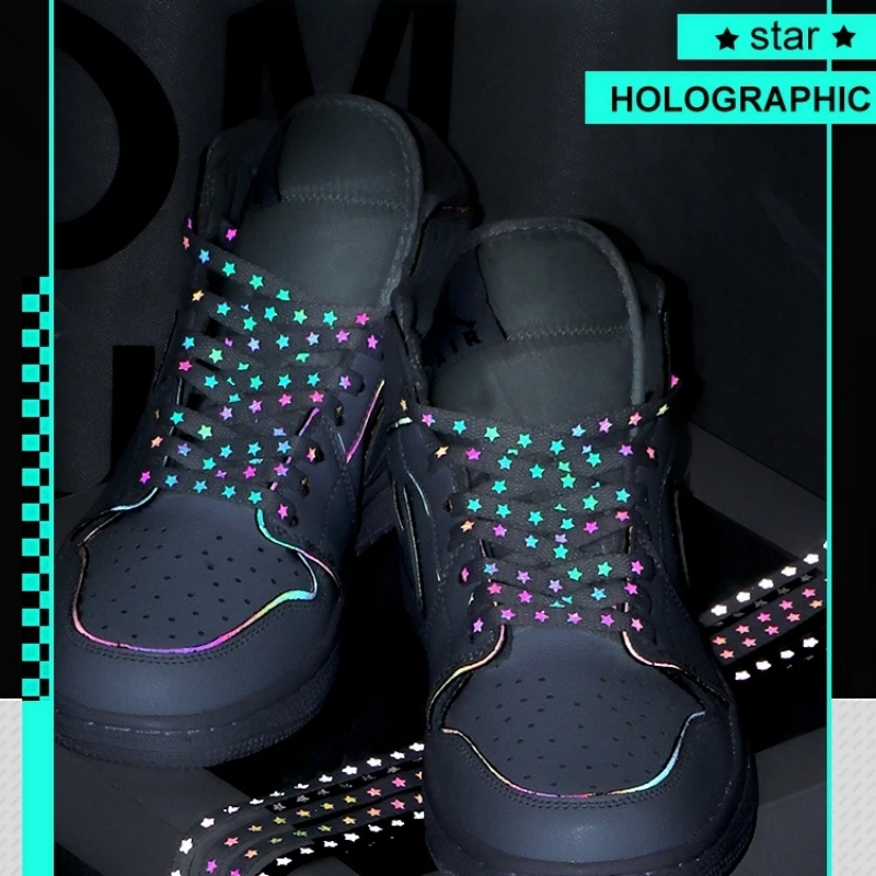 1 paar Neue Sport Weiß Stern Schnürsenkel Holographische Reflektierende Schnürsenkel Coole Turnschuhe Laufende Schnürsenkel für Erwachsene Kinder Saiten