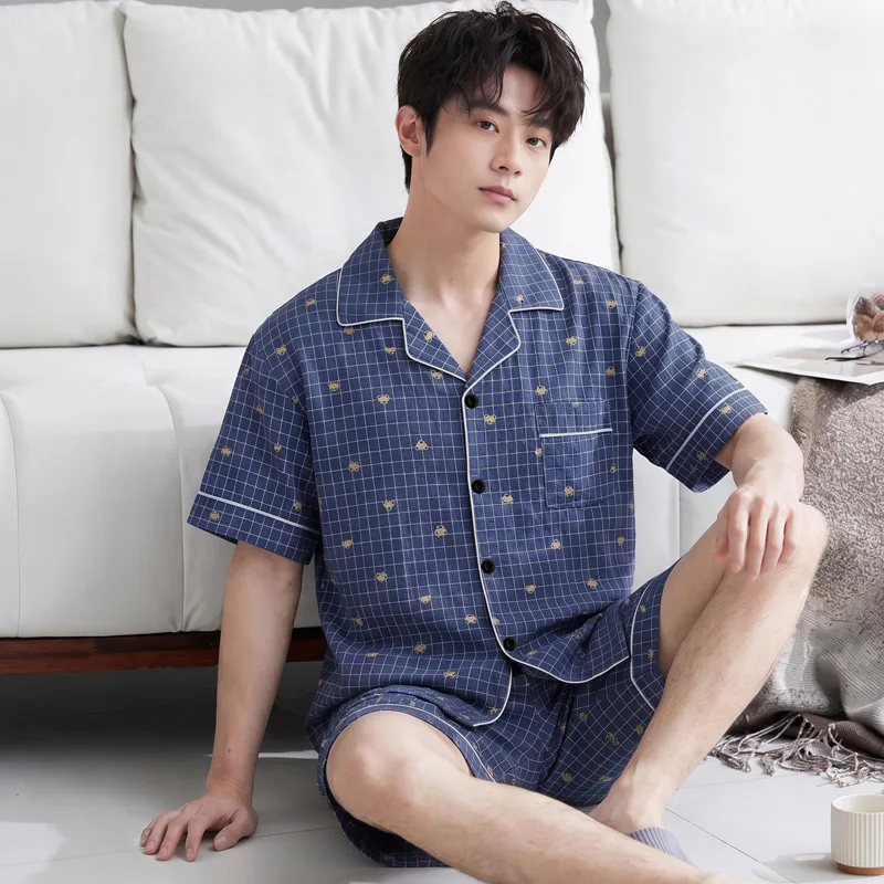 

Men's Short Sleeved and Shorts Cartoon Bear Cardigan Set High Quality Checkered Pajamas Are Breathable Comfortable and Casual