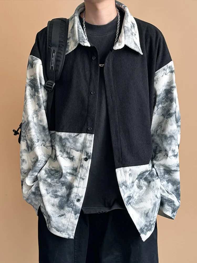

Corduroy Men's Long Sleeve Shirt American Retro Splicing Dyeing Spring Autumn High Sensation Handsome Top Button up Casual Shirt
