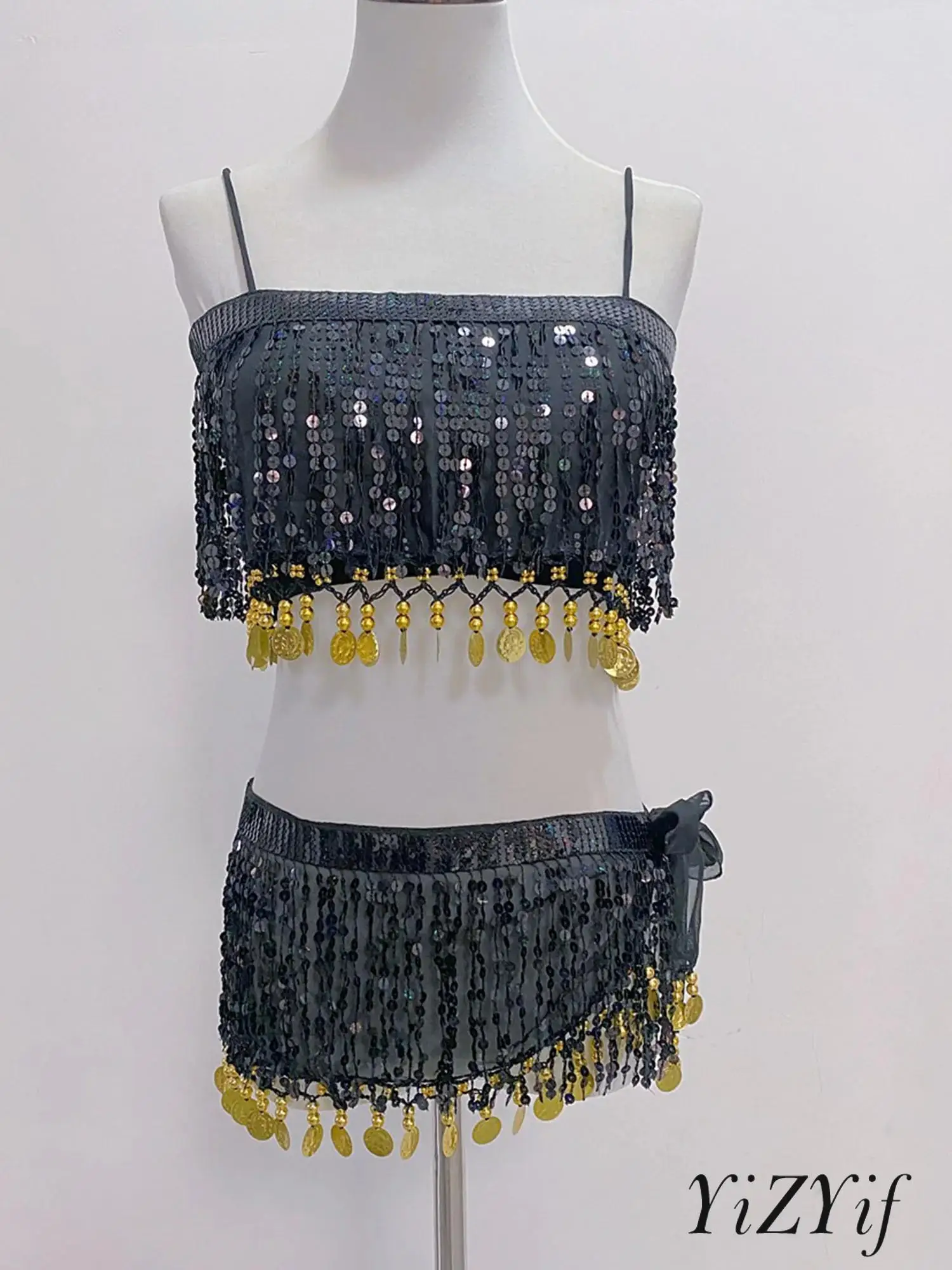 

Womens Lyrical Belly Dance Outfit Sequin Tassel Top Crop Camisole Safety Shorts Hip Scarf 4-piece Dancewear for India Folk Dance