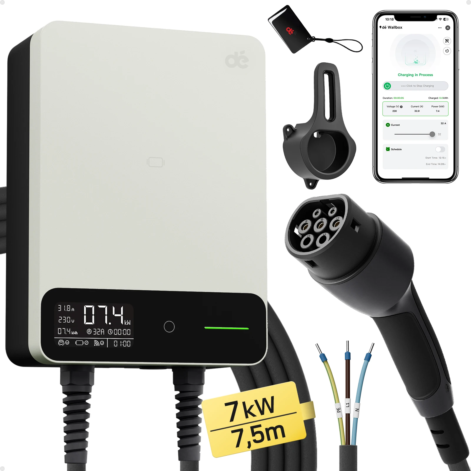 dé 7.4kW laadstation voor elektrische voertuigen met APP, Wallbox 7kW 6A-32A type 2 oplaadkabel met 5m 7m 10m 15m, RFID- en stekkerhouder, laadstation met RCD type B