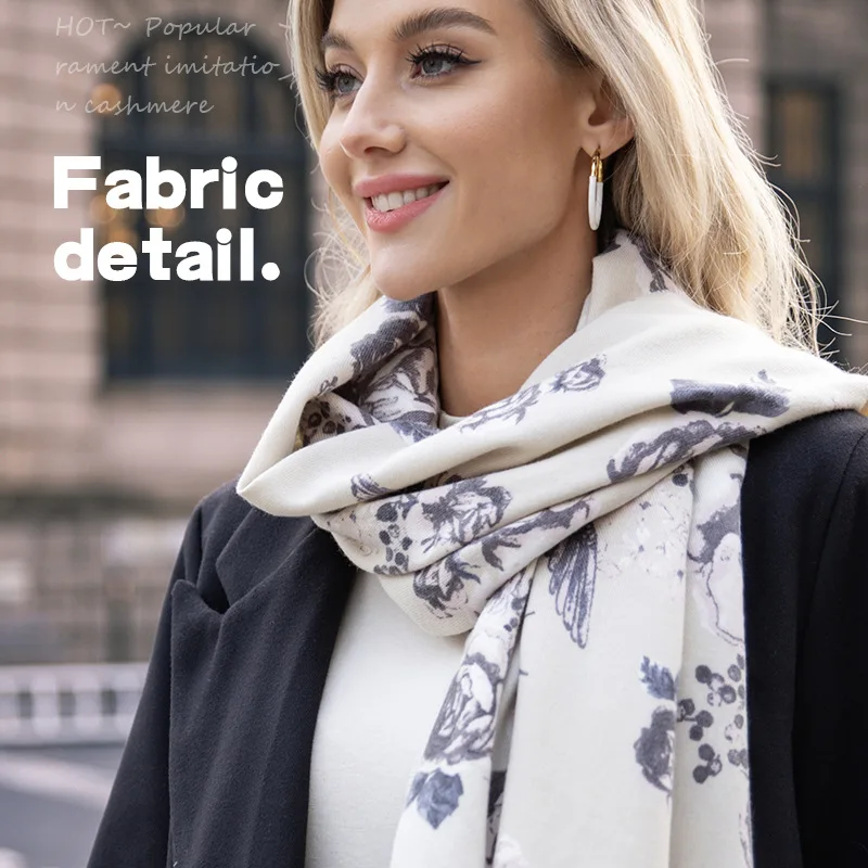

Autumn and Winter Fashionable Trend Scarf for Female Rose Print Imitation Cashmere Tassel Shawl Elegant Women's Warm Scarf