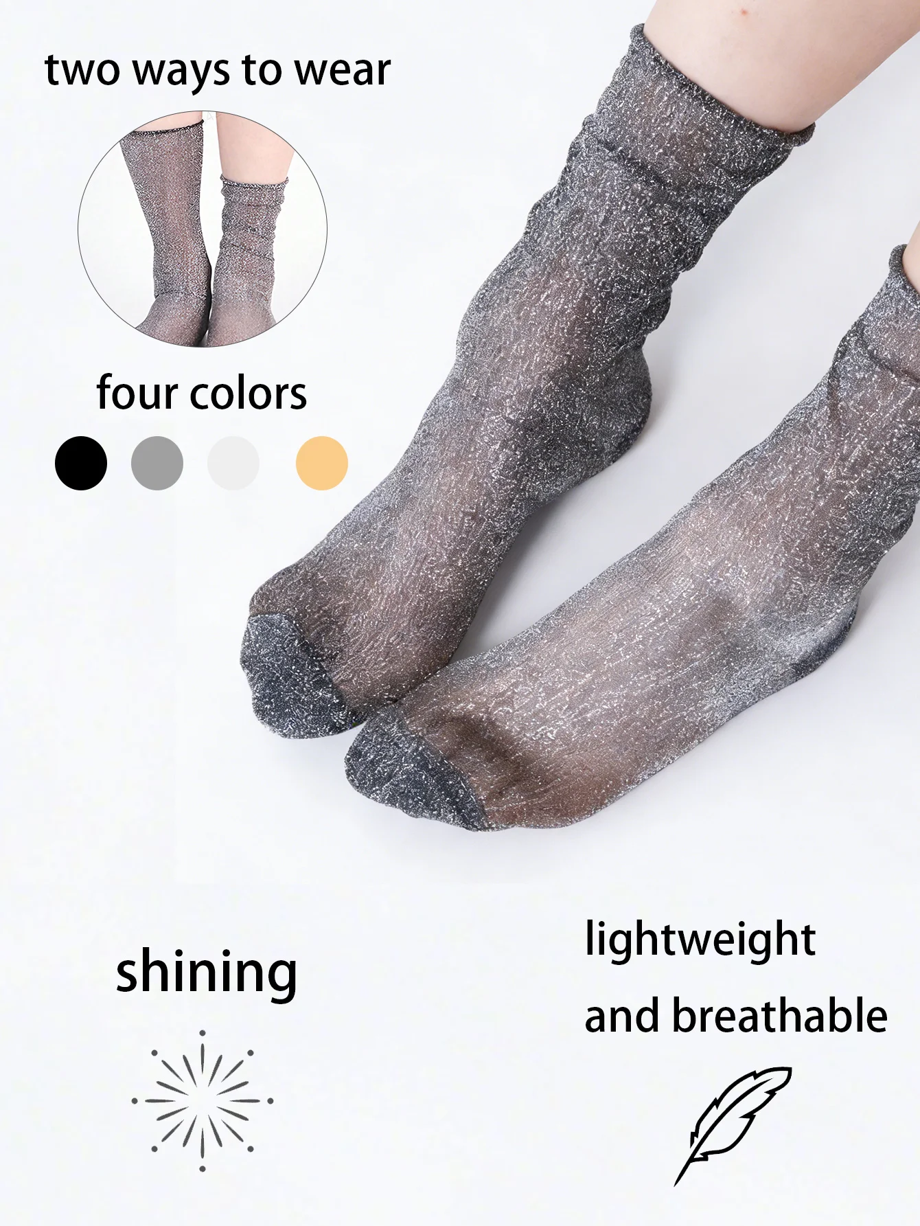 1 Pair Women's Black Silver Mesh Knee-High Calf Socks Spring/Summer Korean Shiny Crystal Slouch Socks Valentine's Daily Versatil