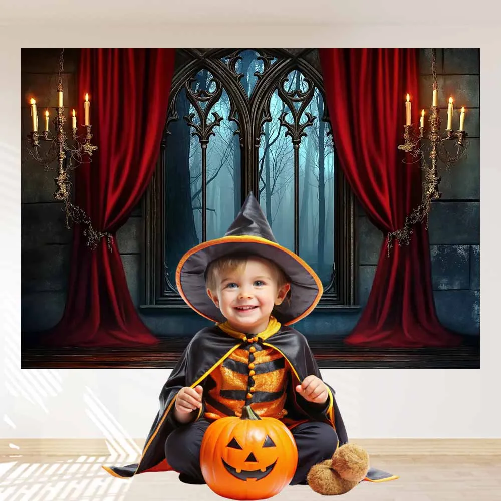 Halloween Vampir Mittelalterliche Burg Fotografie Hintergrund Gothic Fenster Roter Vorhang Fledermäuse Hintergrund Spukhaus Party Dekor – Detail 2