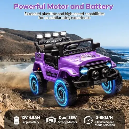 12V Ride On Truck Car, Battery Powered Car w/Remote Control, Spring Suspension, LED Lights, Bluetooth, 3 Speeds, Electric Car