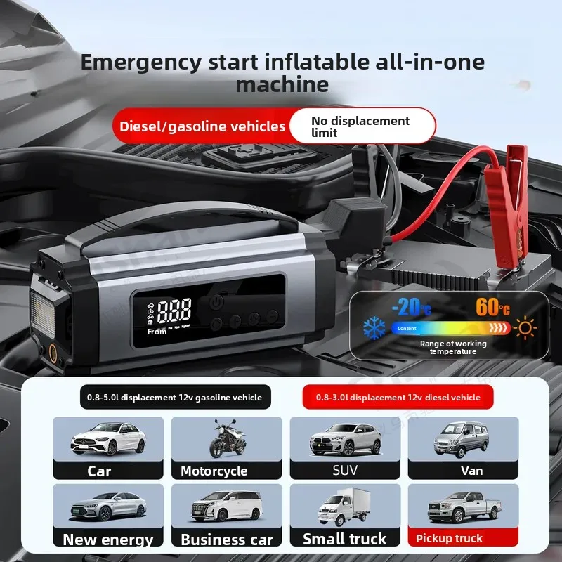 For Car Tire Inflator Air Pump with Emergency Jump Starter Portable Power Bank All in One Device for Vehicle Battery Boosting