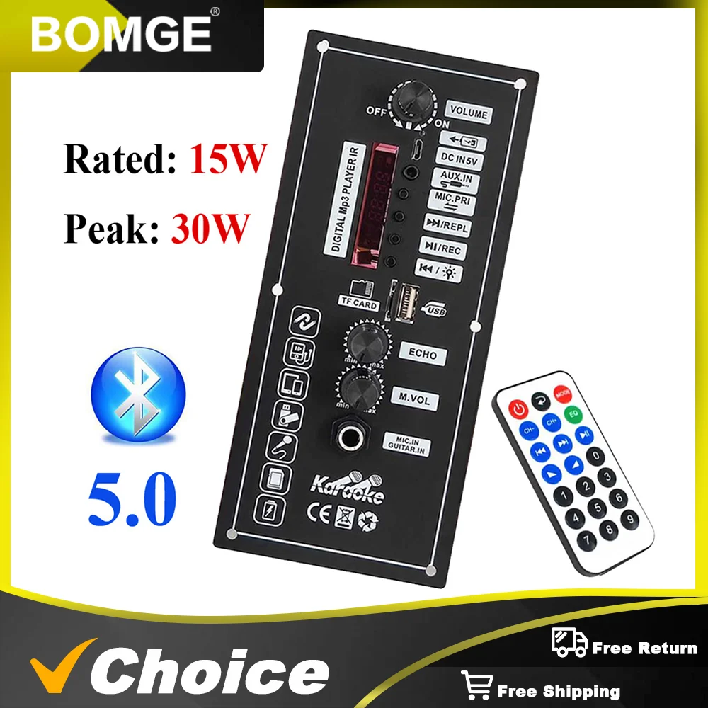 30W Amplifier, DC 5V MP3 Decoder Board with Bluetooth 5.0 USB Module And Remote Control Suitable for 4-ohm 5-8 inch Speakers.