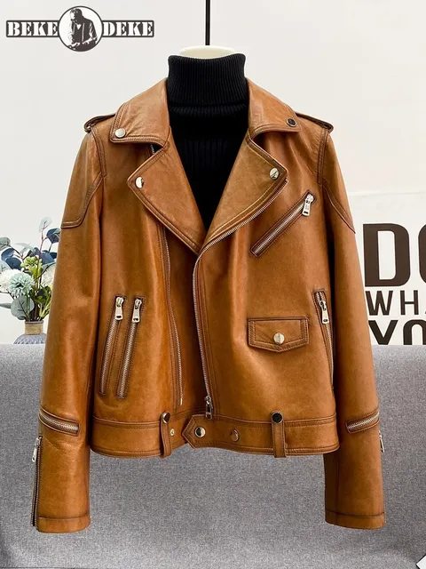 High Street damska kurtka z prawdziwej skóry zamek skręcić w dół kołnierz Vintage Slim Fit Punk nowa wiosna motocykl kożuch krótki płaszcz