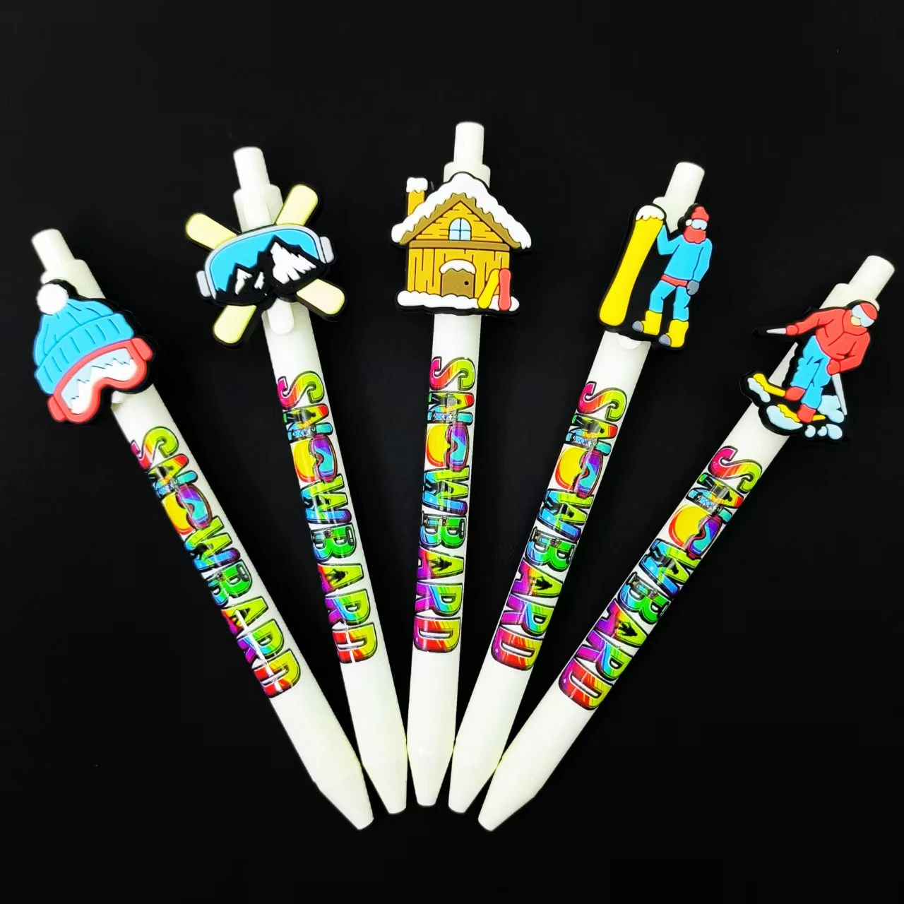 

14/24pcs Lucky Skiing Theme Press Ballpoint Pen White Pen Holder Series Surface mount Ballpoint Pen Daily Office Neutral Pen