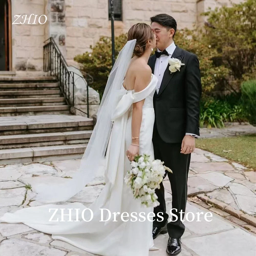 

ZHIO Bow Off Shouler Elegant Wedding Party Dress Silk Taffeta Sweep Train Korea Photo Shoot Bridal Reception Gown Customized