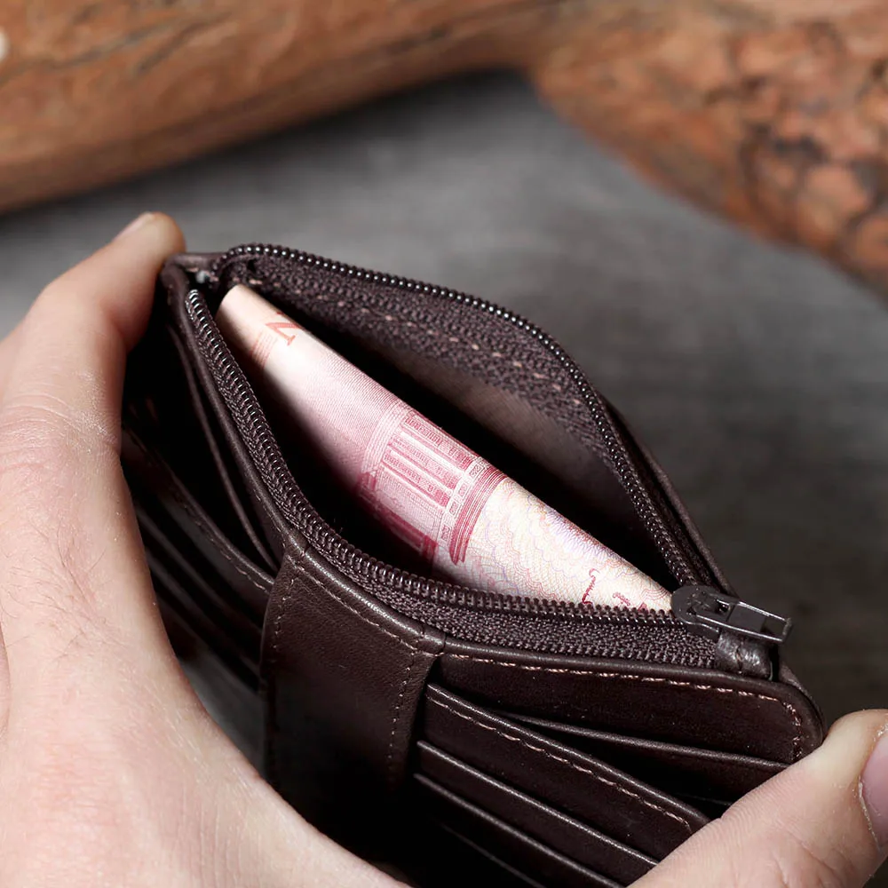 S.WORKER Handgefertigter Vintage-Kartenhalter aus echtem Leder, Vollnarbiges Rindsleder, Kleine Münztasche, Tragbare Tasche – Detail 21