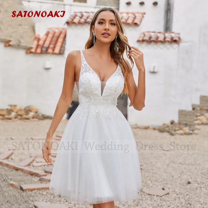 

Vestidos De Novia Elegant Boho Lace Short Wedding Dress A-Line V-Neck Backless Knee Length Bride Gowns Robe Mariée Custom Made