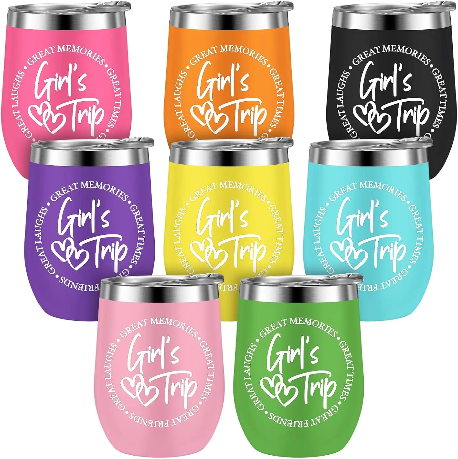 

8-Piece Girls Trip Tumbler Set with Lid, 12oz Stainless Steel Travel Cups for Beach, Wedding, Bachelorette Party Favors