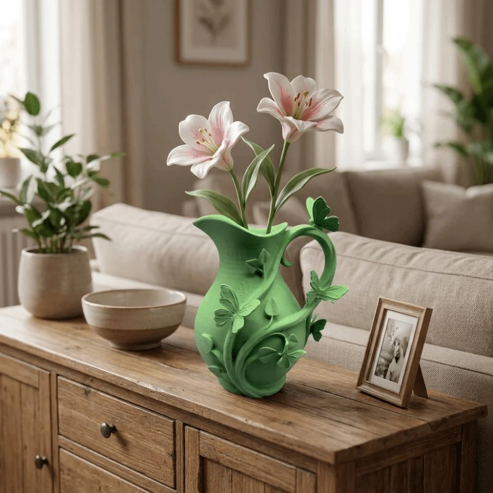 3D Butterfly Relief Vase Decorative Matte Finish Pitcher‑Shaped Flower Vase with Handle Floral Arrangement Vase
