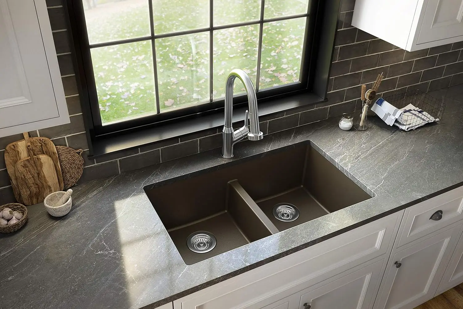 

quartz and solid surface countertops, this double equal bowl quartz composite sink has external dimensions