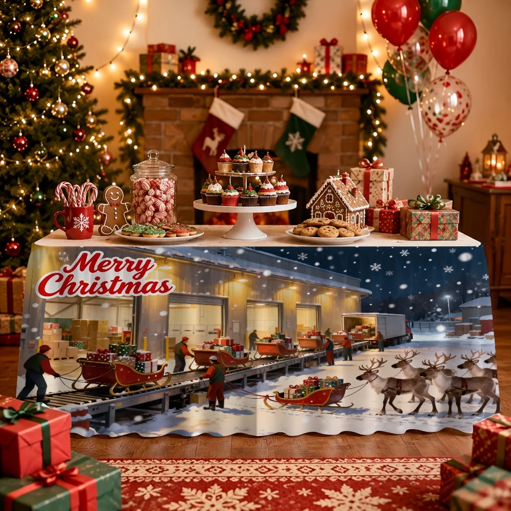 1 Christmas-themed tablecloth and table skirt with Santa sleigh gift print for a family Christmas decoration