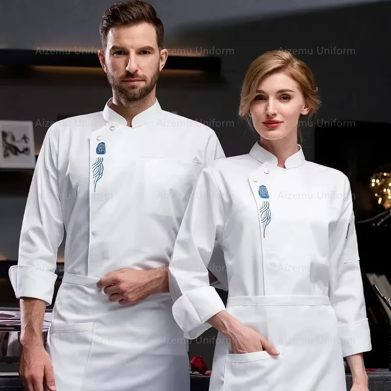 Uniforme de Chef de manga corta para hombre, camisa de Chef transpirable blanca, chaqueta de Chef negra para restaurante, delantal, ropa de trabajo con logo para mujer