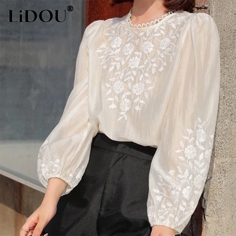 Spring Summer Elegant Fashion Embroidered Blouse Women Clothing Vintage Chic Pearl Button Tops Puff Sleeve Loose Casual Shirts