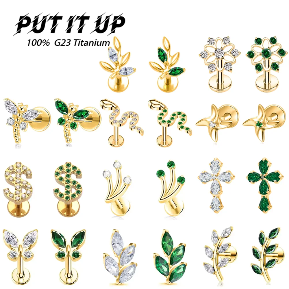 F136 Titanium Alloy High-Quality White and Green Zirconia Stud Earring Set Fashion Ear Cartilage Lip Stud Body Piercing Jewelry