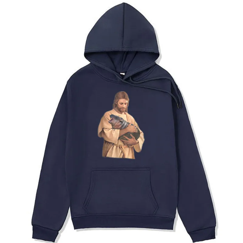 Jesus Moo Deng Hoodie Jesus Loves Moo Deng Bouncy Cute Baby Hippo Meme Sweatshirt Men Women Oversized Streetwear Fleece Pullover