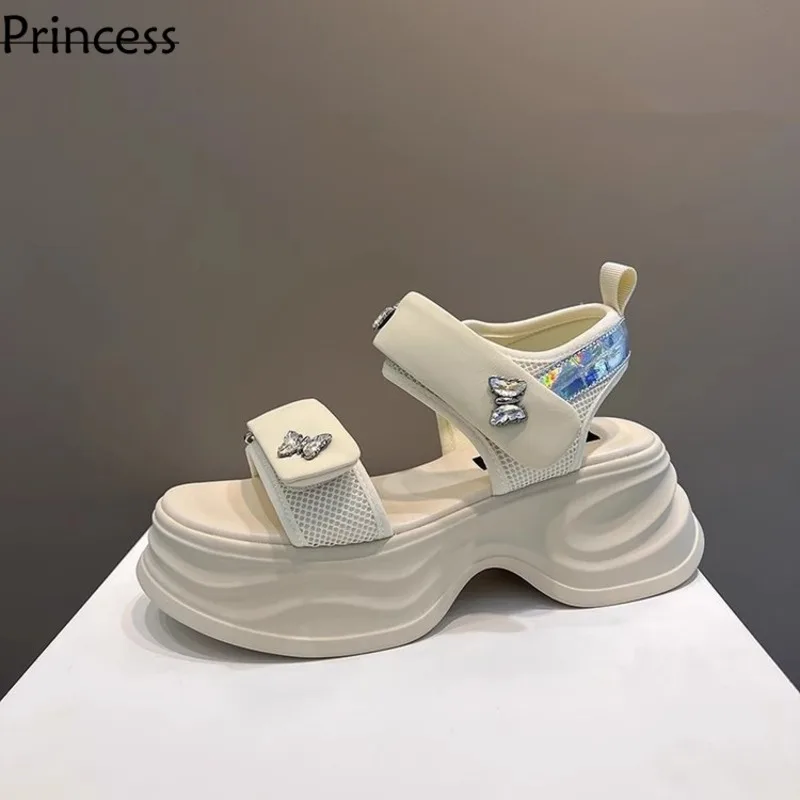 2024 Summer New Genuine Leather Women's Super Soft And Ultra Light Velcro With Diamond Thick Sole Sandals Beach Roman Shoes