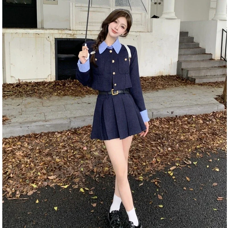 2024 Spring Autumn Preppy Style Blue Patchwork Coats Mini Pleated Skirts Two Piece Set Korean Women Slim Jacket Skirt Outfits