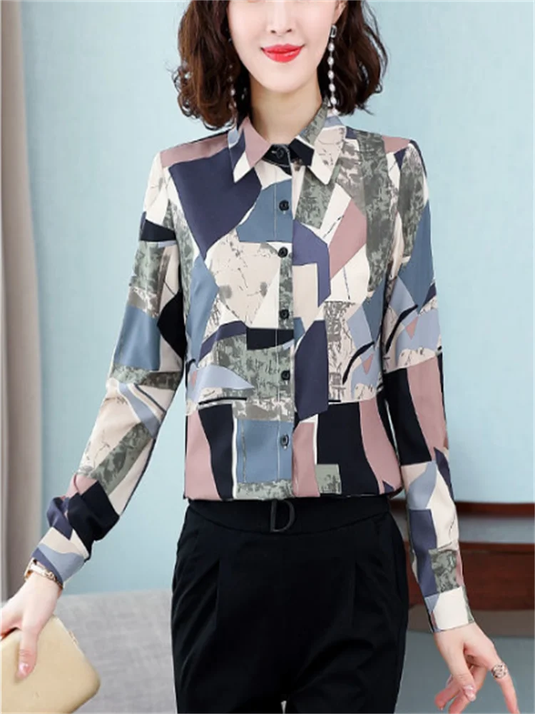 Fashion Chiffon Blouses Women Shirt Floral Top Basic Cardigan Women Shirts Polo Neck Long Sleeve Blous Button Up Female Blouses
