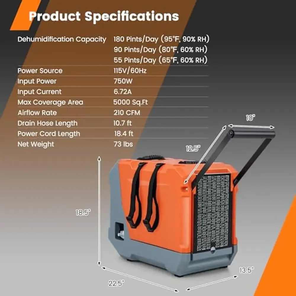 業務用除湿機,排水ホース付き,1日あたり180パイント,容量6,000平方フィートのスマートコントロールパネル,ポータブル設計