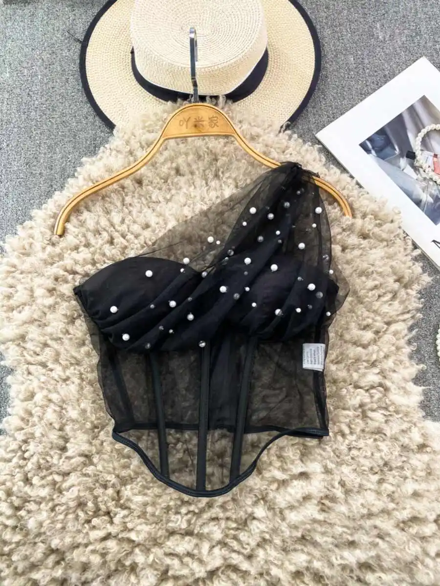 

Women Black Goth Y2k Gyaru Crop Top Vintage Camisole 2000s Emo Off Shoulder Corset Tops Sleeveless Pearls Tank Top Summer 2025