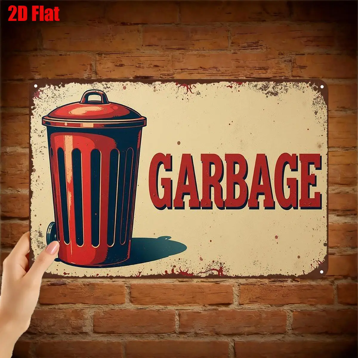 Garbage Vintage 2D Flat Aluminum Sign Retro Red Trash Can Artwork Home Utility Space Wall Decor