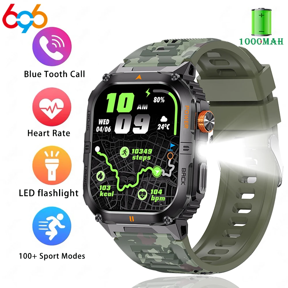 

2025 Спорт на открытом воздухе Мужские умные часы Светодиодный фонарик IP68 Водонепроницаемые умные часы с пульсометром и здоровьем 1000 мАч Батарея Blue Tooth Call