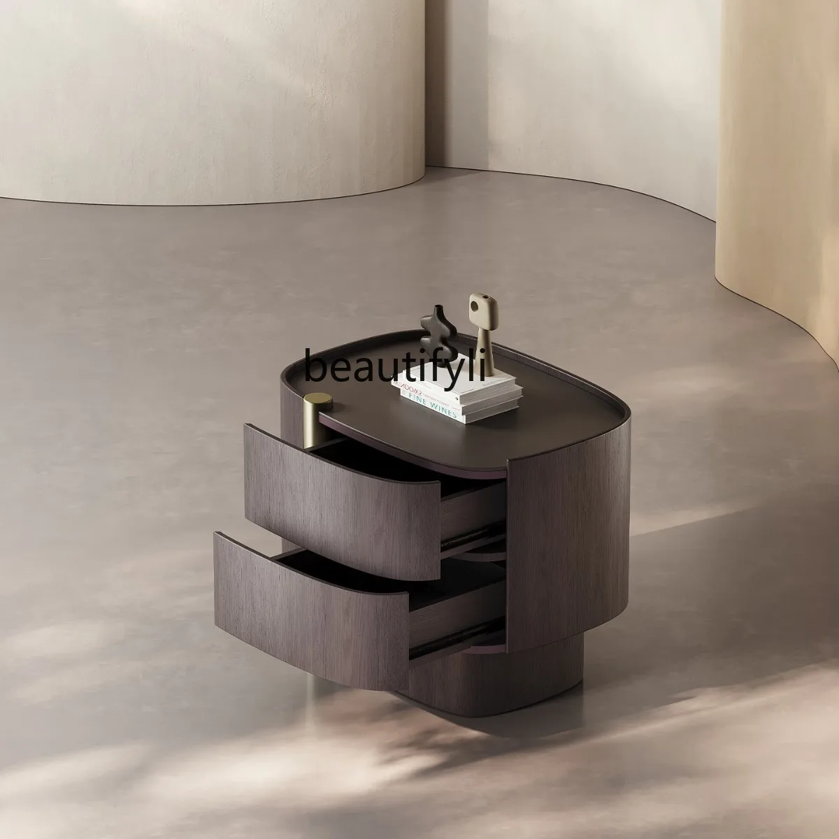 D178 Italian Minimalist Solid Wood Bedside Table Simple Modern Smoky Color Bedside Storage Cabinet Wabi-Sabi High-End Bedroom