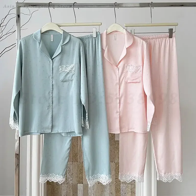 

Кружевной пижамный комплект из искусственного шелка, одежда для сна, весна-лето, новый женский брючный костюм с длинными рукавами, 2 предмета, ночная рубашка, домашняя одежда, повседневная домашняя одежда