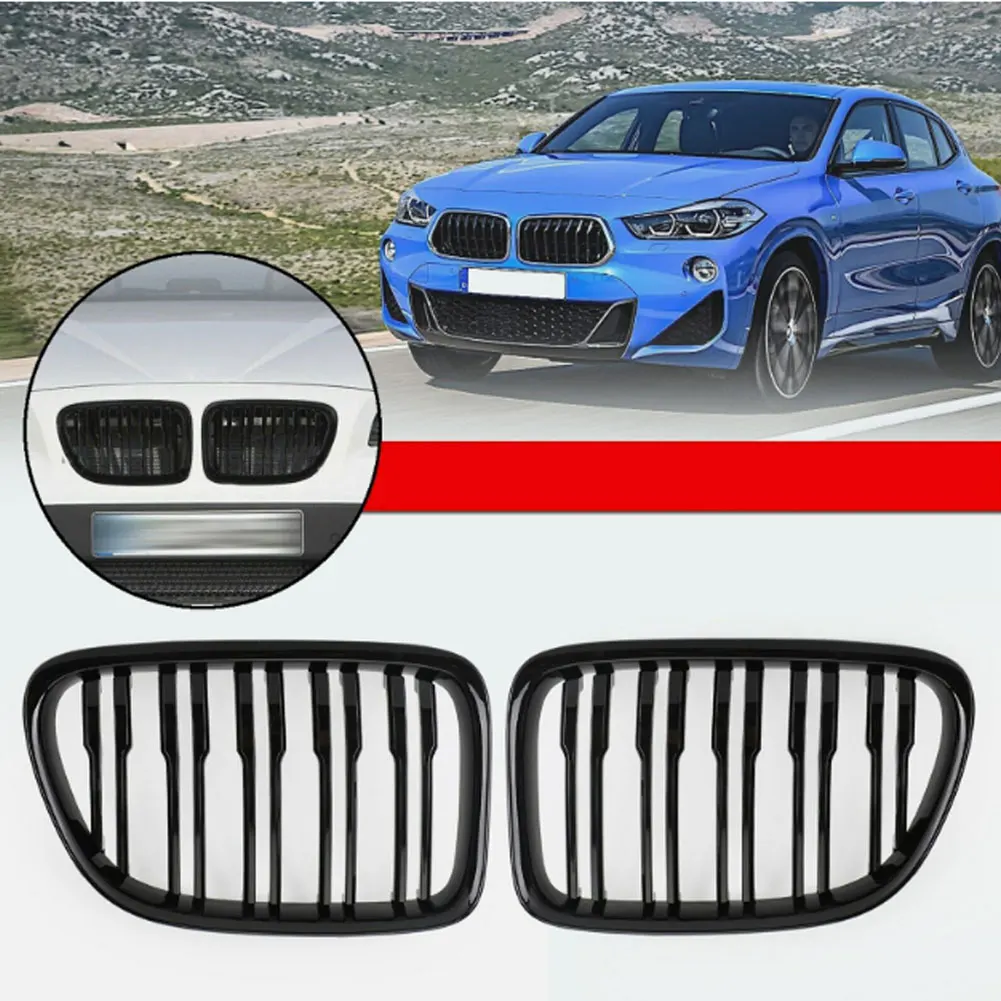 1 Pair Car Kidney Grille Dual Slats Front Hood Grill Inserts Replacement For X1 Old Model E84 2011-2016 Replaces 51112993305