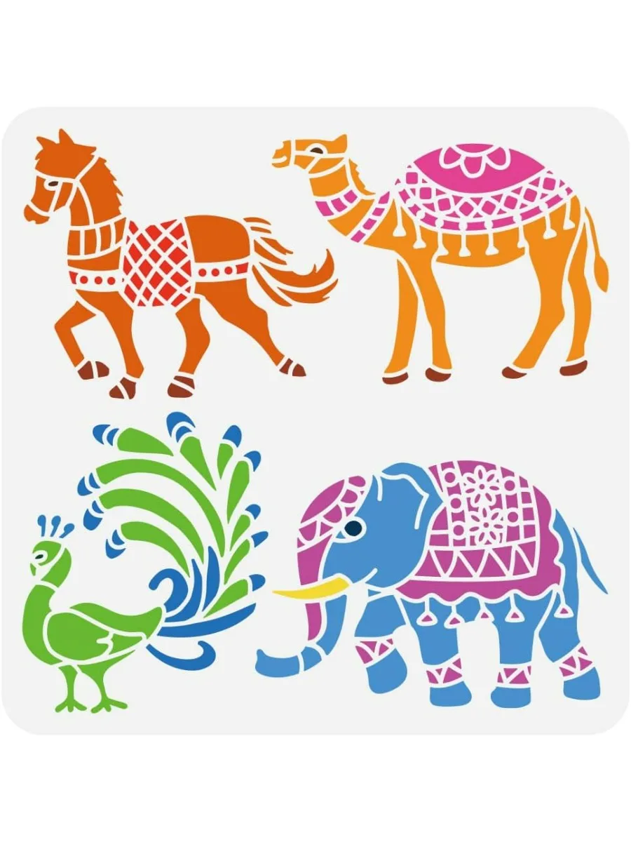 India Animals Painting Stencil 11.8x11.8inch Reusable Horse Camel Peacock Elephant Pattern Drawing Template India Theme