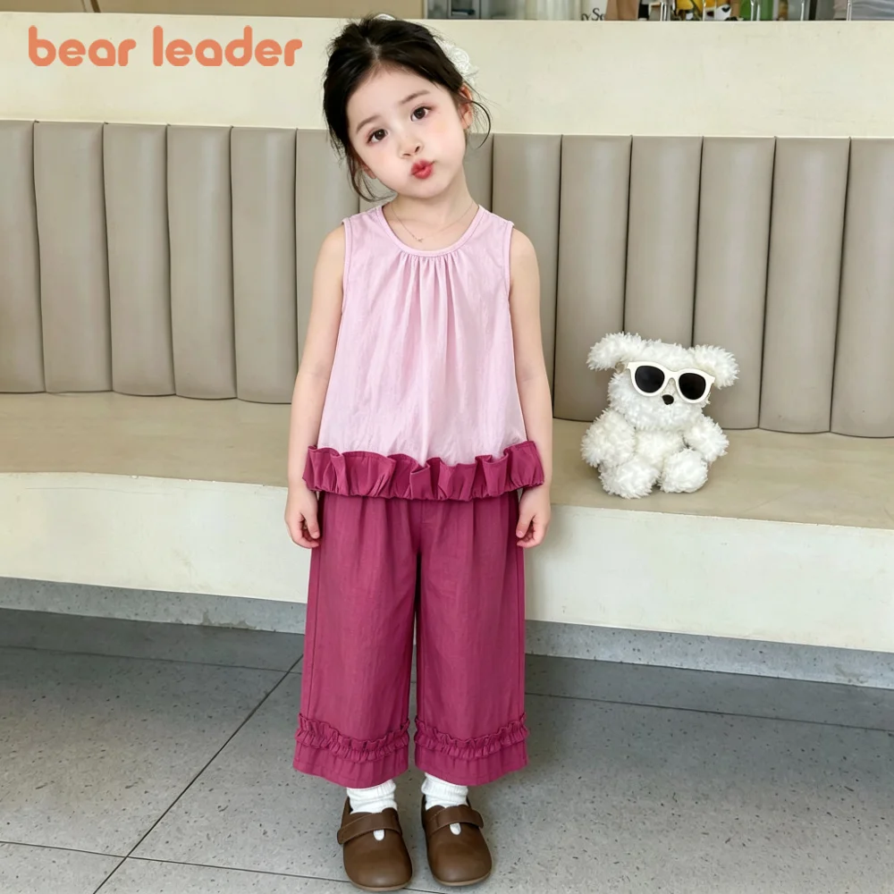 ベアリーダー 夏の新作ノースリーブキッズウェア 女の子用スイートプリンセス服 ファッションカラーブロックベストトップ+カジュアルパンツ 1