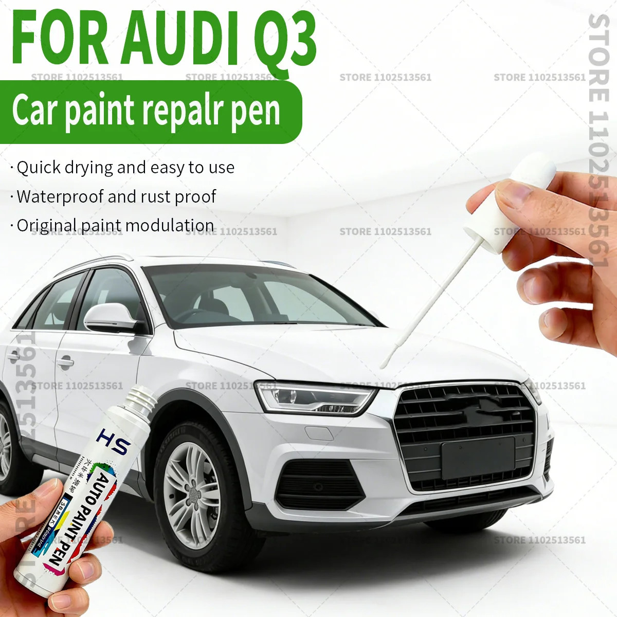 

Ручка-корректор для удаления царапин и ремонта краски для Audi Q3: Glacier White LS9R, Legendary Black LY9T, Gavial Green LX6N, Phantom Black LZ9Y