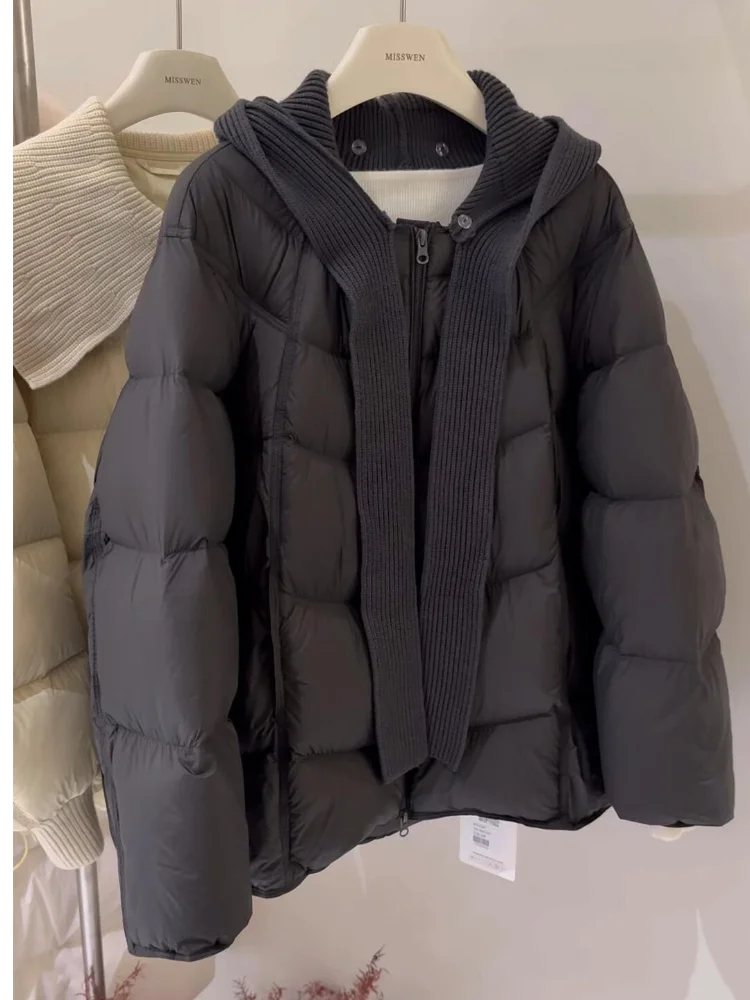 

Winter Thiened Korean Sle Women's Jaet Removable Knitted Cotton Coat ort Loose Fit Zipper Closure Long Sve Coat