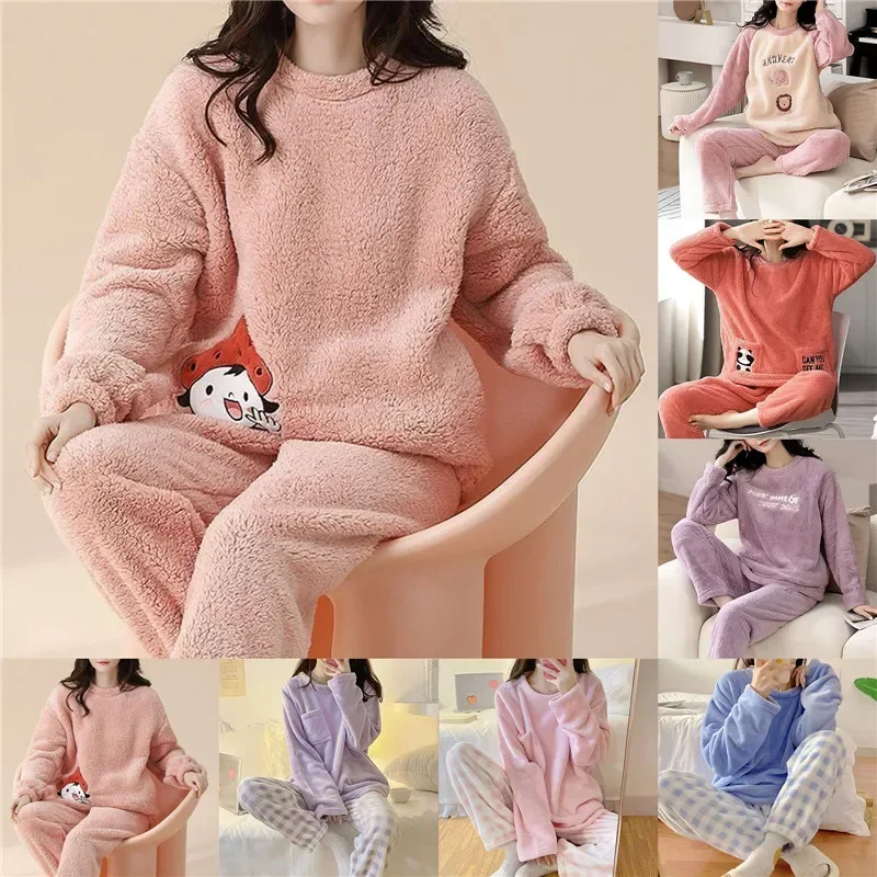 Winter Thickened Warm Woolen Pajamas Set Women'S Long Sleeved Cute Cartoon Home Clothes Suit